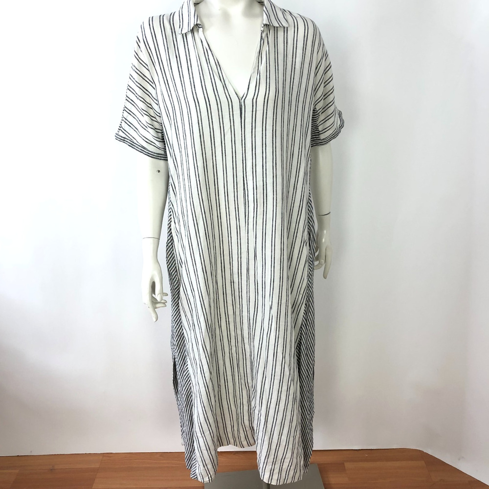 Lucky Brand Medium Linen Rayon V-Neck Popover A-Line Midi Below Knee Dress Black